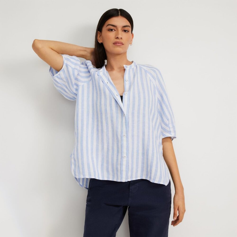 NWOT Everlane The Linen Puff Sleeve Shirt Blue White Stripe - Size M
